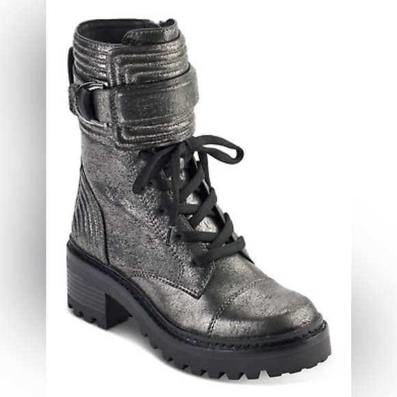 💚💜💚🌼NEW DKNY Women's Basia Buckled Quilted Lug Sole Combat Boots Gunmetal - Picture 2 of 5